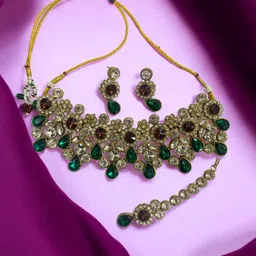 Saree Swarg Brass-Plated Artificial Stones Studded Jewellery Set-picture-44