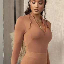 LULU & SKY Women Solid High Neck Front Zipped Bodysuit image 3