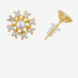 Kushal's Fashion Jewellery Gold-Plated Zircon Studded & Pearls Beaded Floral Studs image 4