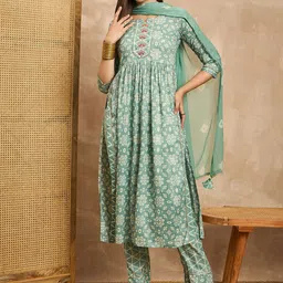 all about you Fluorescent Green Ethnic Motifs Printed Straight Kurta & Trouser & Dupatta image 5