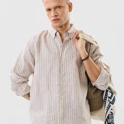 Snitch Men Vertical Striped Button-Down Collar Linen Casual Shirt-picture-14