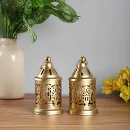 akhandicraft Candle Holder for Diwali Decor Lamps for Home Decor, Diya Light (Pack of 2) Gold Metal Hanging Lantern image 1