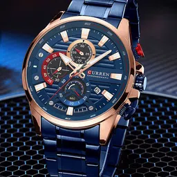 Curren Men Brass Patterned Dial & Stainless Steel Bracelet Style Straps Analogue Watch CR-8415-Blue RG-image-22