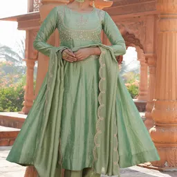 KALINI Embroidered Thread Work Pure Silk Anarakli Kurta With Trousers & Dupatta-picture-32