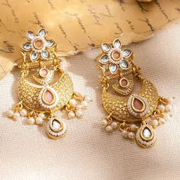 Rubans Gold Plated Kundan Studded Geometric Shaped Drop Earrings-image-78