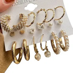 PolluxCraft Set Of 9 Gold-Plated Pearls Beaded Circular Shaped Korean Half Hoop Earrings image 4