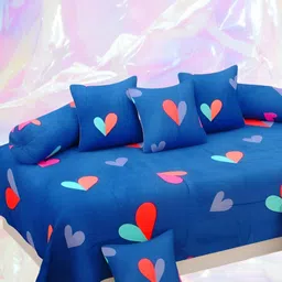 WELLNEST 8Pcs Blue & Red Heart Printed Cotton Diwan Set-picture-24