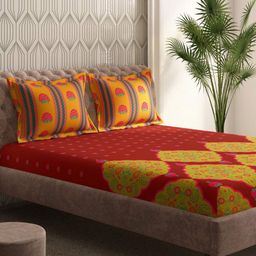 Portico Gulmarg Red & Green Floral Cotton 210 TC Super King Bedsheet Set-2.74 m x 2.74 m-picture-47
