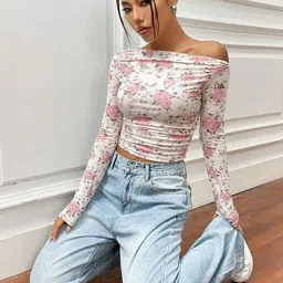 SZN Women Floral Printed Off-Shoulder Full Sleeves Ruched Fitted Crop Top-picture-34
