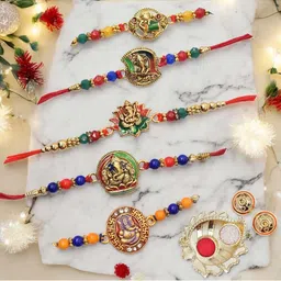 MEIRA JEWELLERY Set Of 5 Religious Designer Rakhis With Greeting Card & Roli Chawal-picture-39