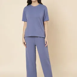 LABEL MY Women Textured Round Neck T-shirt with Trousers Night suit-image-35