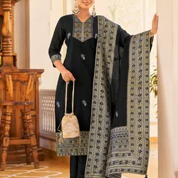 DIVASTRI Floral Woven Design V-Neck Straight Kurta With Trousers & Dupatta-picture-38