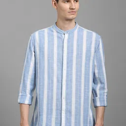 Louis Philippe Jeans Men Slim Fit Vertical Striped Band Collar Cotton Casual Shirt-picture-31