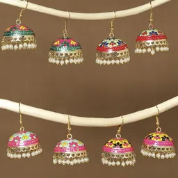 Anouk Set of 4 Gold-Plated Artificial Stones and Beads Meenakari Dome Shaped Jhumkas-image-60