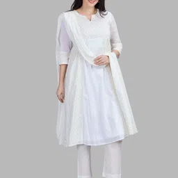 Autumn Hues Notch Neck Anarkali Kurta With Trousers And Dupatta image 4