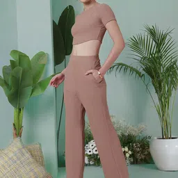 Moda Rapido Womens Brown Polyester Solid Round Neck Top And Trousers Co-ords image 4