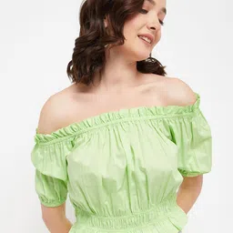 Madame Women Off-Shoulder Puff Sleeve Solid Bardot Top-image-24