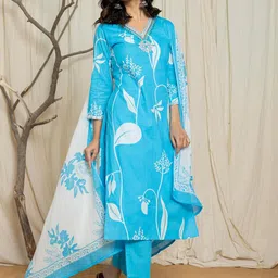 V.S.Creation Women Floral Printed Mirror Work Pure Cotton Kurta Trousers & Dupatta image 2