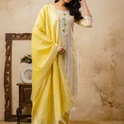 Auzanoor Collection Striped Round Neck Pure Cotton Straight Kurta With Trousers & Dupatta-image-39