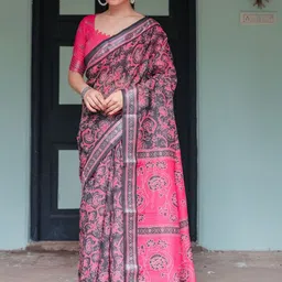 ALMAARI FASHION Floral Printed Zari Pure Linen Banarasi Saree With Unstitched Blouse Piece-picture-23