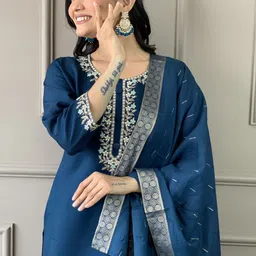 KALINI Women Floral Yoke Design Regular Thread Work Chanderi Silk Kurta with Trousers & With Dupatta image 2