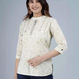 Indiwest White Floral Print Cotton Mandarin Collar Three-Quarter Sleeves Top-picture-28