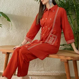 Indo Era Embroidered Shirt Collar Three-Quarter Sleeves Pure Cotton Tunic And Trousers-image-38