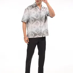 Estilocus Men Standard Oversized Fit Geometric Printed Cuban Collar Cotton Casual Shirt-image-12