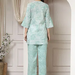 Indibelle Printed Mandarin Collar Three-Quarter Sleeves Pure Cotton Top & Trouser image 3