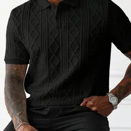 praizy Men Self Design Polo Neck Elastane Black T-Shirt image 5