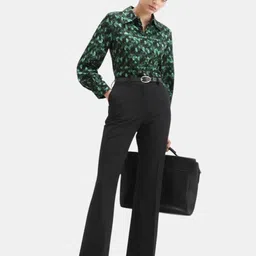 RAREISM Women Flare Black Primary Relaxed Pleated Trousers-image-0