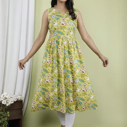 Indiwest Green Cotton Printed Sleeveless A-Line Kurta-picture-46