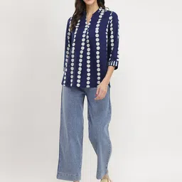 Pink Fort Women Cotton Dabu Polka Print Top - Indigo image 3