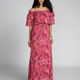 AND Women Floral Printed Off-Shoulder Cape Sleeve Sheath Maxi Dress-picture-40