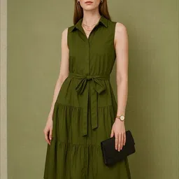 Mast & Harbour Women Tie-Ups Tiered Shirt Collar Crepe Fit & Flare Dress-picture-31