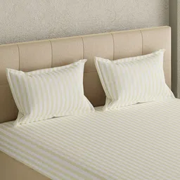 GM Off White & Beige Striped 300 TC King Bedsheet with 2 Pillow Covers image 3