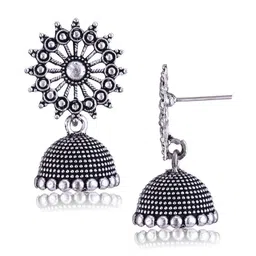 Sangria Set Of 6 Silver-Plated Stones-Studded & Beaded Oxidized Jhumka Earrings image 5