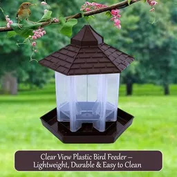 garden's need Hut Shape Bird Feeder with 360° Perch, Transparent Grain Holder, 1-Mtr SS Wire Common Bird Feeder image 5