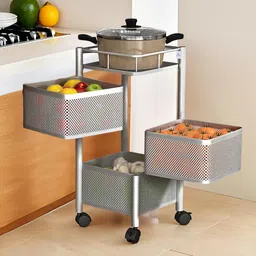 heart home 3-Tier Revolving Multipurpose Storage Rack with Wheels | Silver Iron Fruit & Vegetable Basket-picture-23