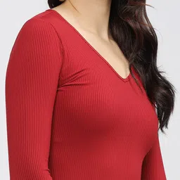 tokyo talkies Women Ribbed Red Below Knee Dress image 4