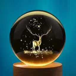 wordgizzlestore 3D Deer Crystal Ball LED Night Lamp with Wooden Base for Living Room Décor Night Lamp image 2
