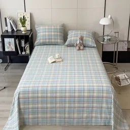 JC HOME White & Blue Checked Pure Cotton 220 TC Queen Bedsheet Set-2.30 m x 1.80 m-image-55