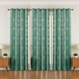 GEET CREATIONS Green & Gold-Toned Set of 3 Floral Room Darkening Door Curtain-image-13