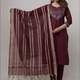 Auzanoor Collection Ethnic Motifs Pure Cotton Straight Kurta With Trousers & Dupatta-image-17