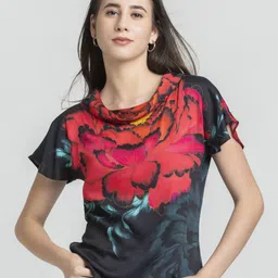 Shaye Women Floral Printed Black Cowl Neck Short Sleeves Satin Tops-picture-21