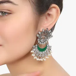 adwitiya collection Adwitiya Silver-Plated Artificial Stones Studded And Beaded Crescent Shaped Drop Earrings image 3
