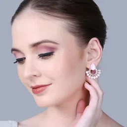 PUJVI Silver-Plated Artificial Stones Studded Teardrop Shaped Enamelled Drop Earrings image 3