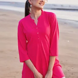 TITTLI Women Solid Mandarin Collar Pure Cotton T-shirt-image-77