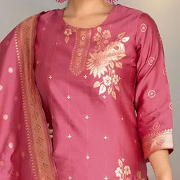 KALINI Floral Woven Design Round Neck Straight Kurta With Trouser And Dupatta image 4