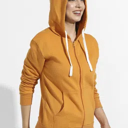 Campus Sutra Women Solid Front Zip Hooded Sweatshirt image 5